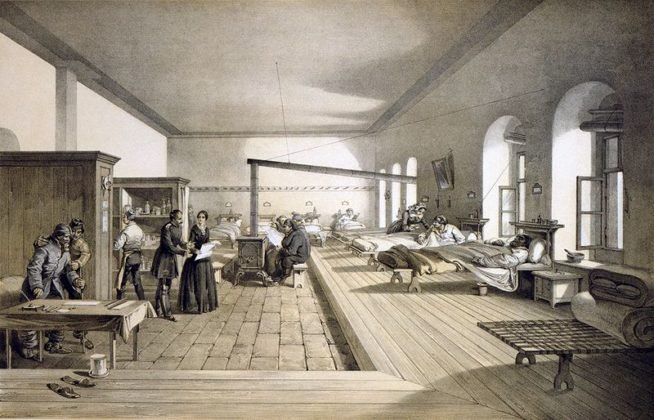 Una sala del hospital de Scutari donde trabajaba Nightingale, de una litografía de 1856